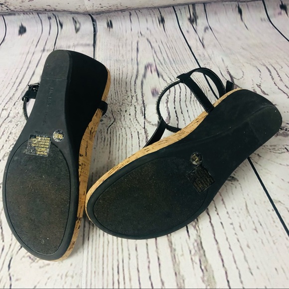 BCBGeneration Crystal T-Strap Buckle Wedge Sandals Maybel Shoes Black Cork 7.5 - Picture 8 of 9